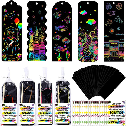 60 Set End of Year Gifts Magic Scratch Rainbow Bookmarks Making Kit, Scratch Paper DIY Bookmarks with Bamboo, Scratch Art Bookmark Craft for School Party Favor