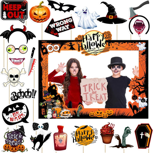 Halloween Photo Booth Props Kit, 24Pcs Photo Props & Selfie Frame for Halloween Photos Decoration, Vampire Skull Witch Photo Booth Props Kit for Women & Men, Trick or Treat Party Supplies
