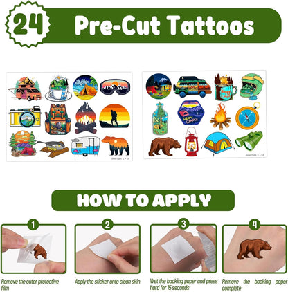 48 PCS Camping Party Favors 24PCS Tattoos Sticker 24PCS Slap Bracelets Wristbands Perfect for Camp Themed Birthday Baby Showers or Classroom Rewards Ideal Decor and Gifts for Girls Boys (Camping 2)
