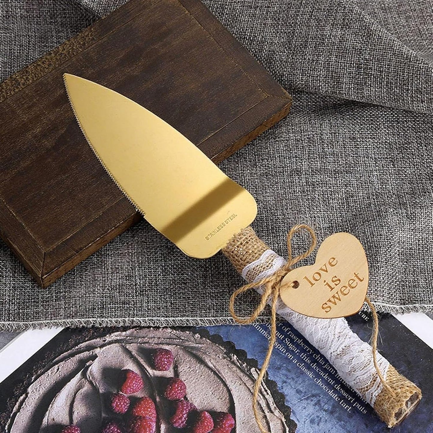 TANG SONG Rustic Style Stainless Steel Wedding Cake Knife and Serving Set Resin Plastic Handle with Twine Heart Love Wood Tag and Burlap Lace Design