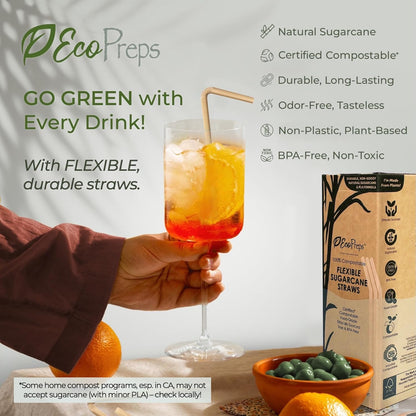 EcoPreps Biodegradable Sugarcane Straws | 150 Count, 100% Compostable, Plastic-Free, & Eco-Friendly Drinking Straw | 7.8'' Sugar Fiber Disposable Straws, Smoothie Straw for Home, Restaurant, Parties