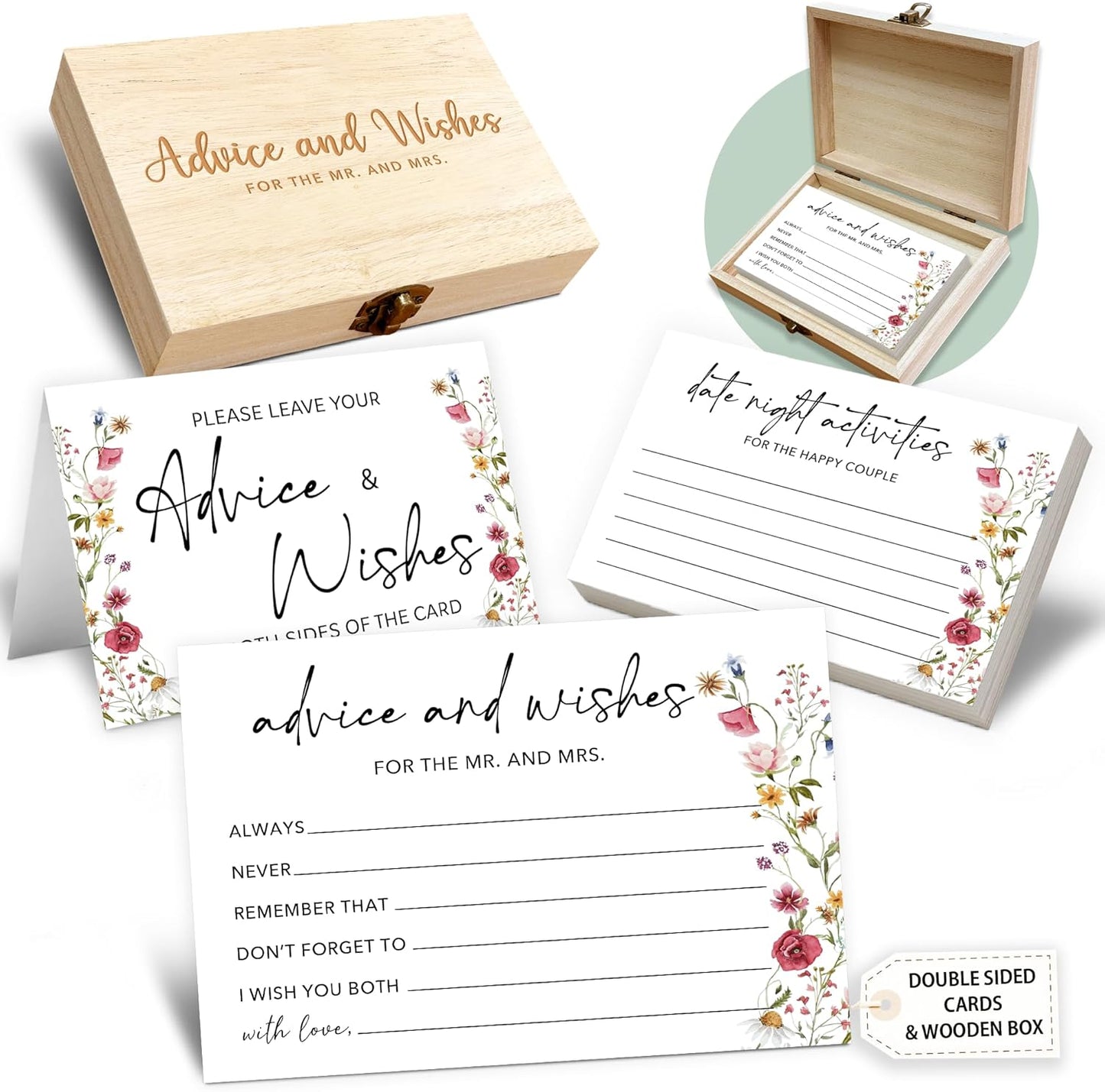 Boho Advice and Wishes for the Mr and Mrs - 50 Packs Wedding Advice Cards Bridal Shower Game Cards with Box Reception Guest Book for Bride Groom Newlywed Engagement Party Decoration -A08