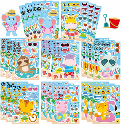 24 Sheets Summer Stickers for Kids Toddlers, Make-a-face Stickers for Kids Classroom Make Your Own Animal Mix & Match Sticker, Pool Beach Luau Hawaii Sticker, Summer Holiday Party Favors