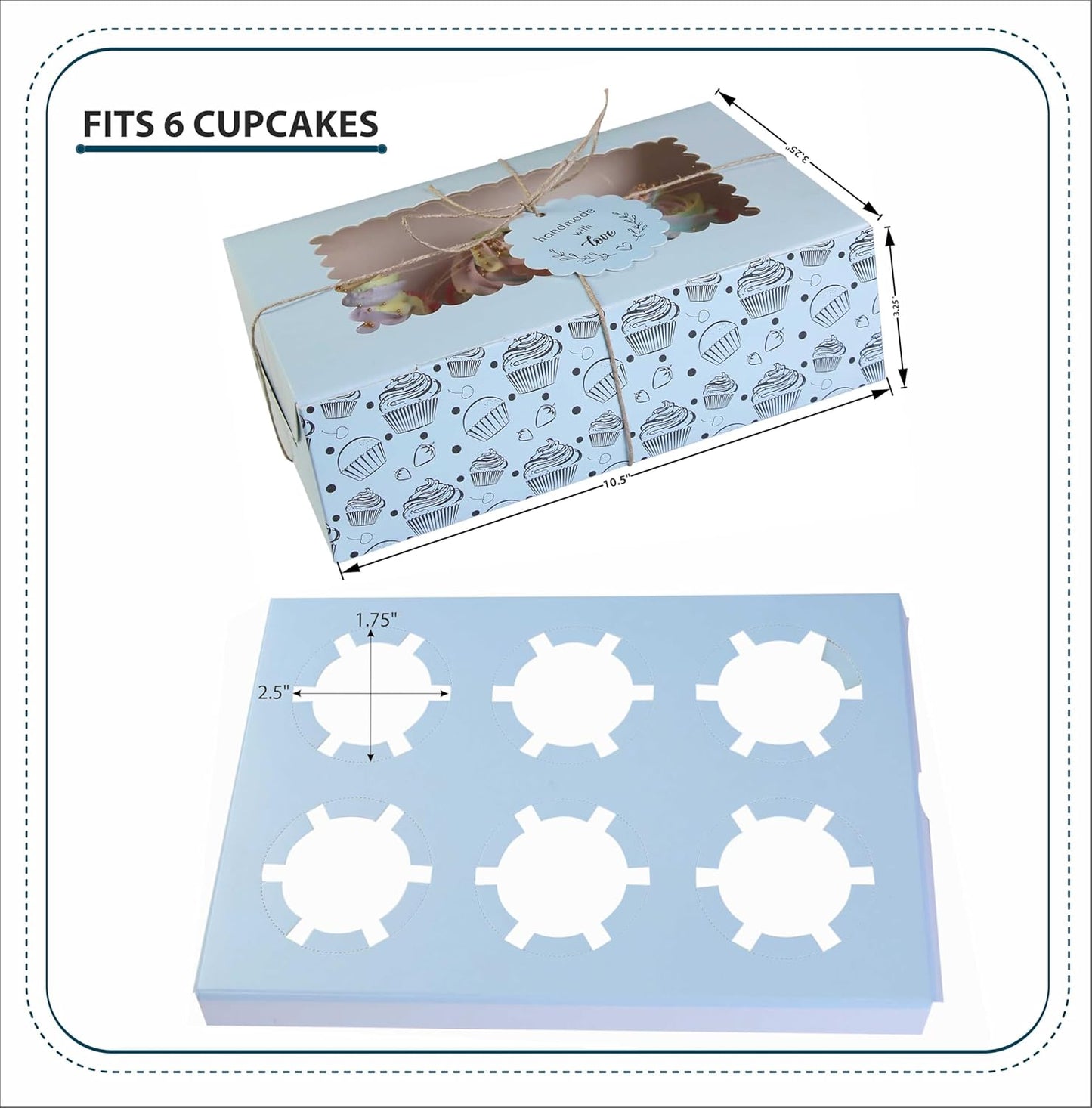 20-Pack Brown Cupcake Boxes with Insert Trays, Tags and Twine | Food Grade Kraft Bakery Boxes with Window to Fit 6 Cupcakes