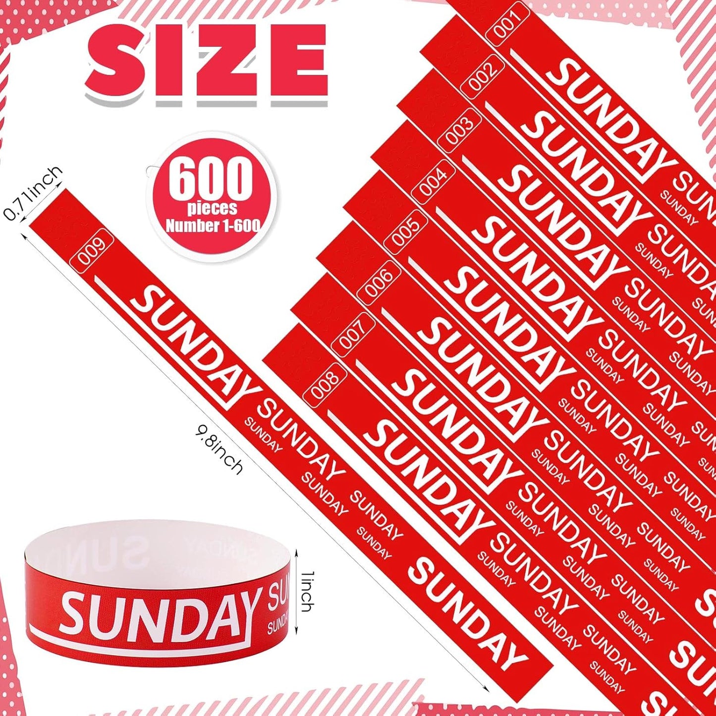 Henoyso 600 Pcs Saturday Paper Wristbands Event Admission Paper Bracelets Numbered Waterproof Party Armbands for Events Day of the Week(Red)