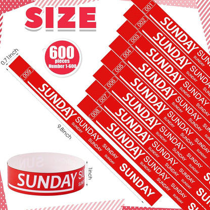 Henoyso 600 Pcs Saturday Paper Wristbands Event Admission Paper Bracelets Numbered Waterproof Party Armbands for Events Day of the Week(Red)