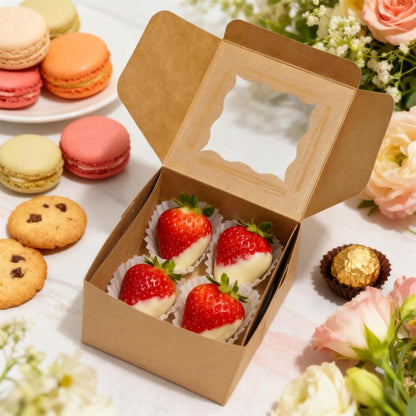 80 Pack Cookie Boxes with Window, 4x4x2.5 Inch Kraft Bakery Boxes for Treats, Desserts, Mini Cakes, Cookies, Pastries, Donuts, Macarons, Strawberries, Chocolate & Gift Giving (Brown, with Stickers)