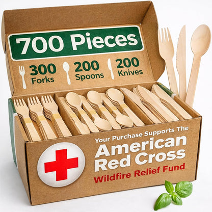 700 PCS Wooden Cutlery Set - 100% Compostable Silverware (300 Forks, 200 Spoons, 200 Knives) - Eco-Friendly Wooden Utensil Set & Disposable Party Utensils, Alternative to Bamboo Cutlery