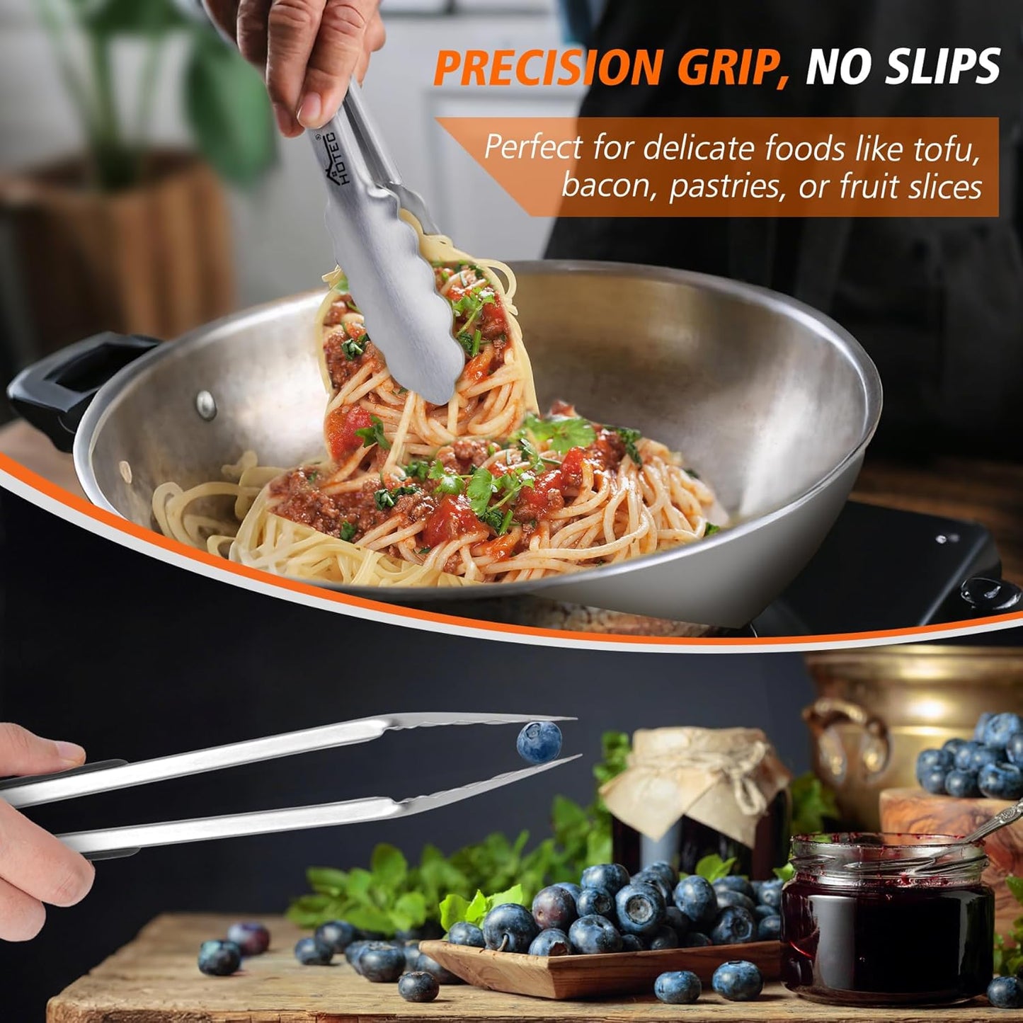 Hotec Stainless Steel Kitchen Tongs, Set of 2-9", Locking Metal Food Tongs for Cooking, Serving, BBQ, Grill Non-Slip Grip
