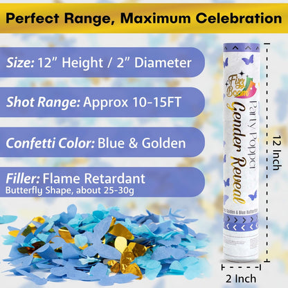 2 Pack Blue Heart-Shaped Confetti Poppers for Baby Gender Reveal | Blue Paper and gold mylar Baby Boy Party Supplies