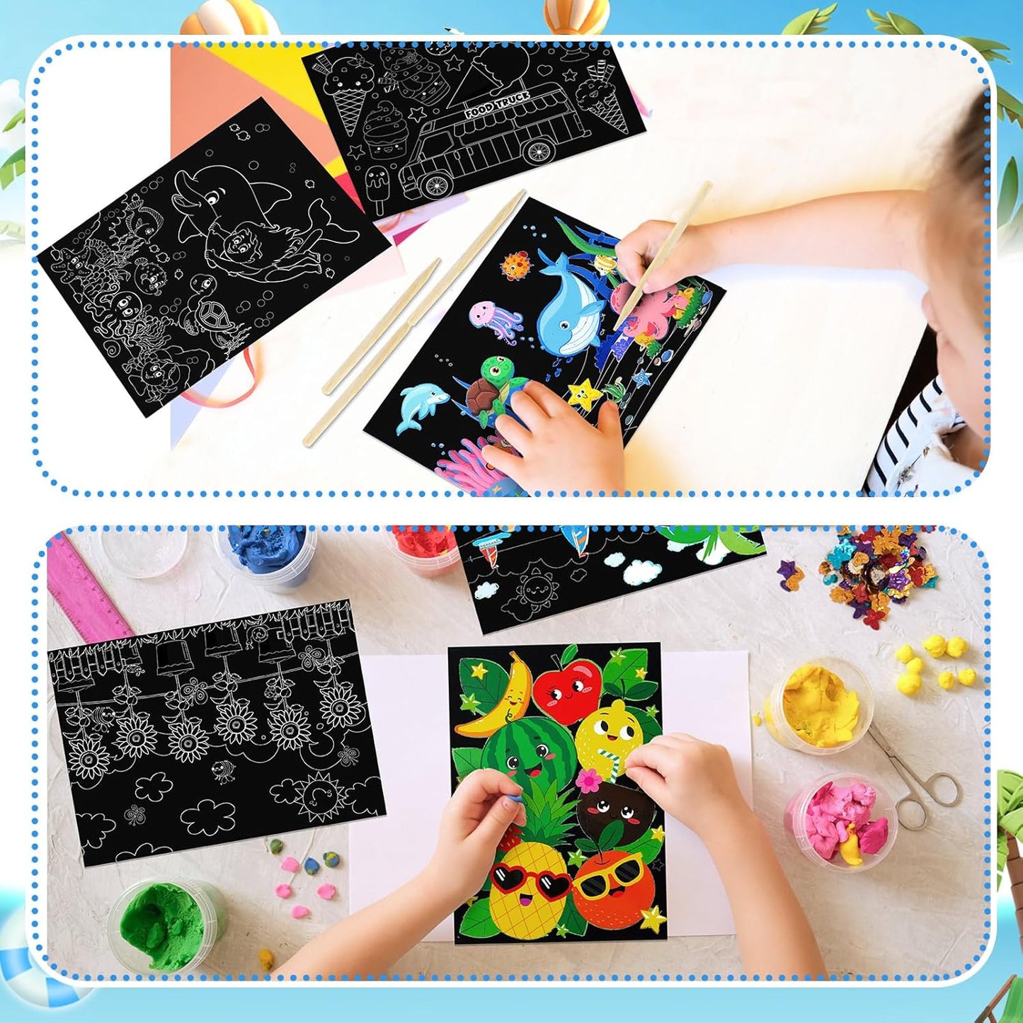 Marspark 24 Pcs Summer Crafts for Kids Bulk Color Your Own Summer Scratch Posters DIY Magic Scratch Paper Black Off Art Paper Gifts Kit Doodle Art for Home Holiday School Party Activities