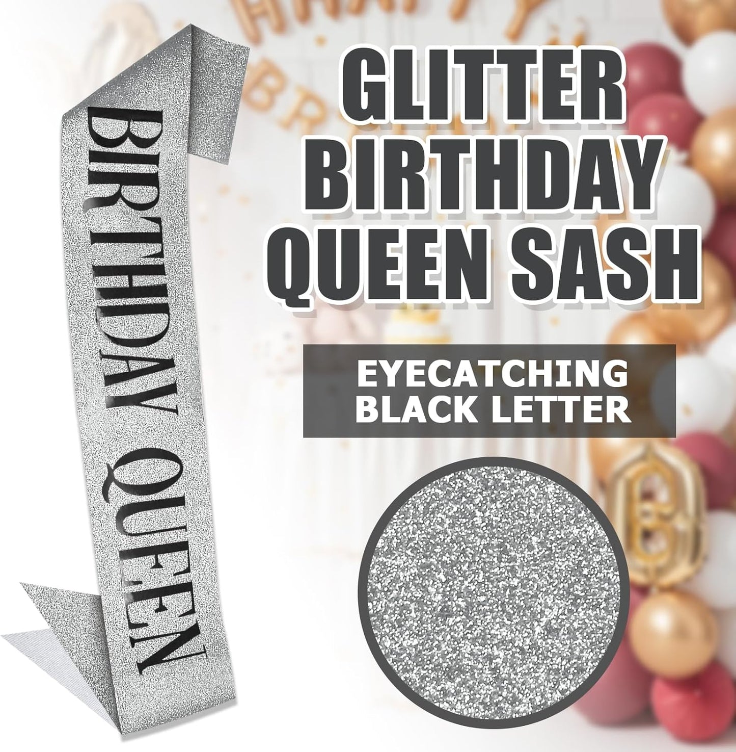 RUDONG M Birthday Queen Sash Glitter - Gold Birthday Sash for Women & Girls | Sweet 16/18th/21st/30th/40th/50th/60th/70th, All-Age Celebration Party Decor