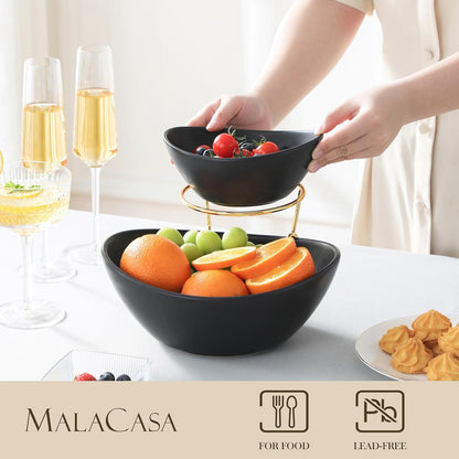 MALACASA 2 Tier Chip and Dip Serving Set with Metal Stand,Ceramic Appetizer Bowls for Party, Multi-Use Food Display for Fruits, Snacks,White Elegant Tiered Serving Dishes for Party