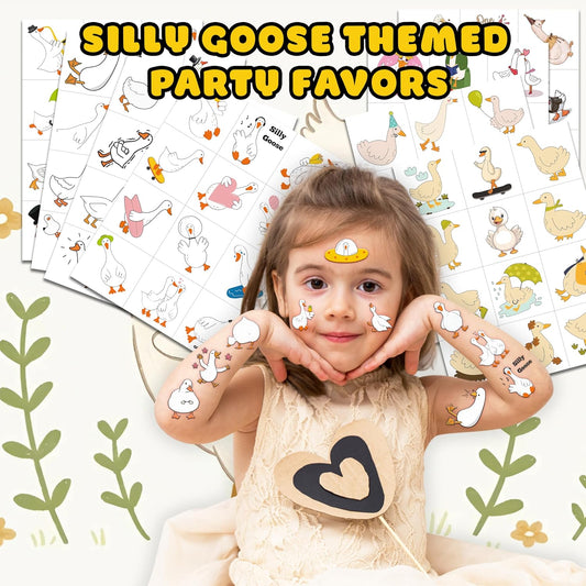 96PCS Silly Goose Temporary Tattoos Pre-Cut, Funny Farm Animal-Themed Party Favors Decoration & Supplies,1st Birthday Decor, Cute Geese & Duck Meme Stickers Gifts for Kids, Boys, Girls, School Prizes