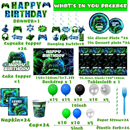 Video Game Birthday Decorations,260pcs Gaming Party Decorations Gamer Birthday Party Decorations Plates and Napkins Cups Tablecloth, Game Party Decorations for Boys Cake Topper Hanging Swirls