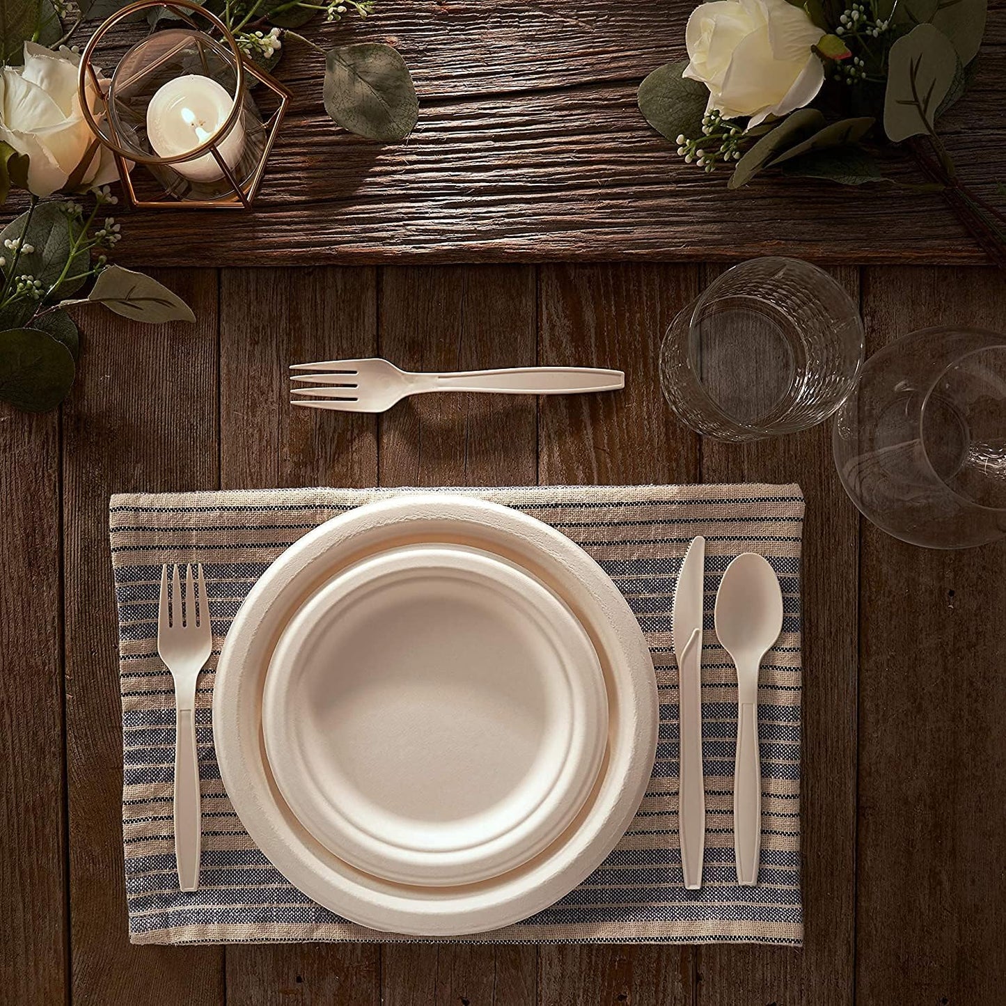 250 Piece Biodegradable Paper Plates Set (EXTRA LONG UTENSILS), Disposable Dinnerware Set, Eco Friendly Compostable Plates & Utensil include Plates, Forks, Knives and Spoons for Party