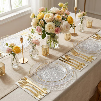 Rubtlamp 350 Pcs Clear Blue Plastic Plates, Blue Gold Plastic Dinnerware Set (50 Guests), Blue Disposable Plates With Gold Rim, Hammered Party Plates Set for Wedding And Party