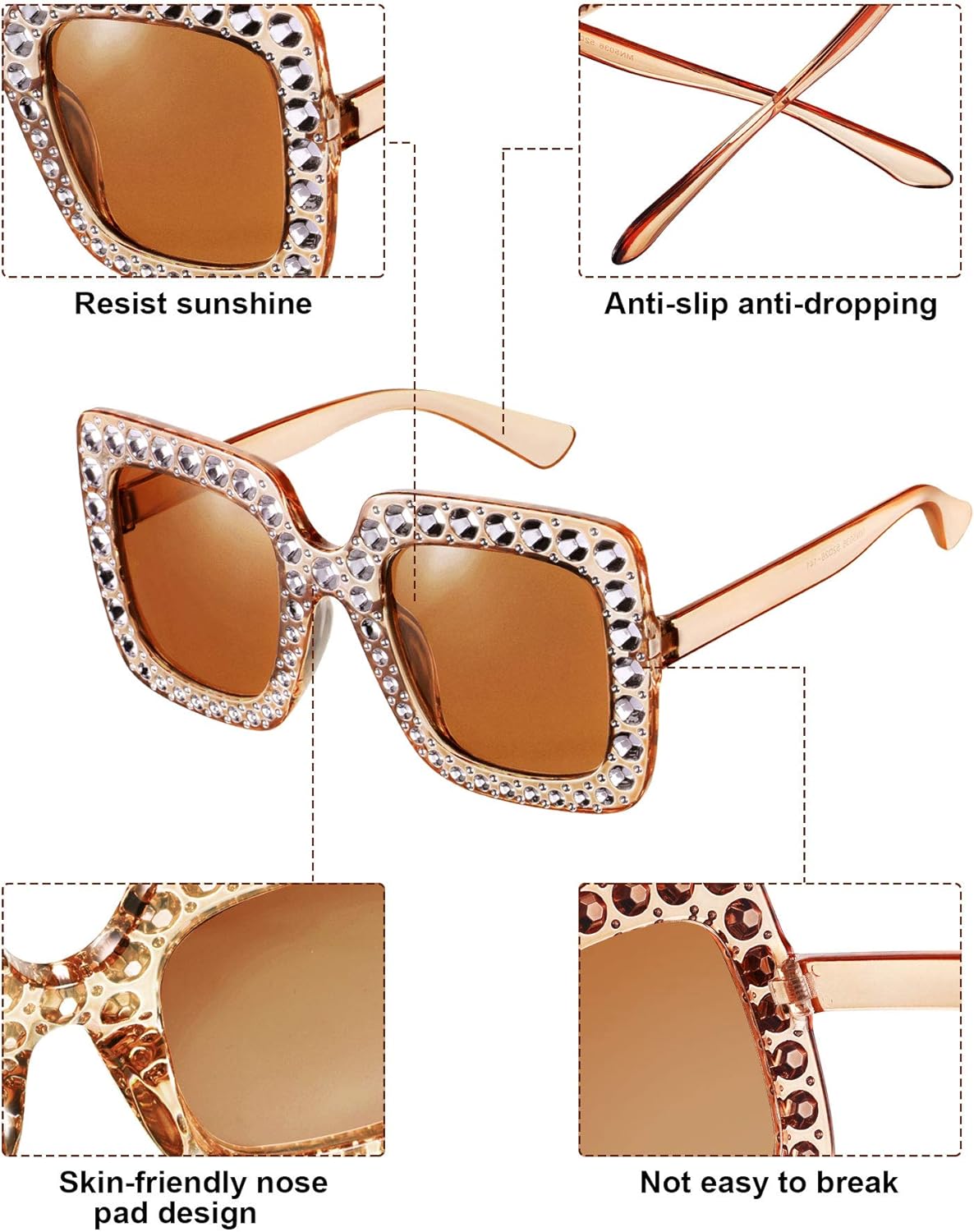 Frienda 6 Pairs Rhinestone Oversized Square Sunglasses 70s Women Dazzled Sunglasses for Disco Party Concert Photo Props