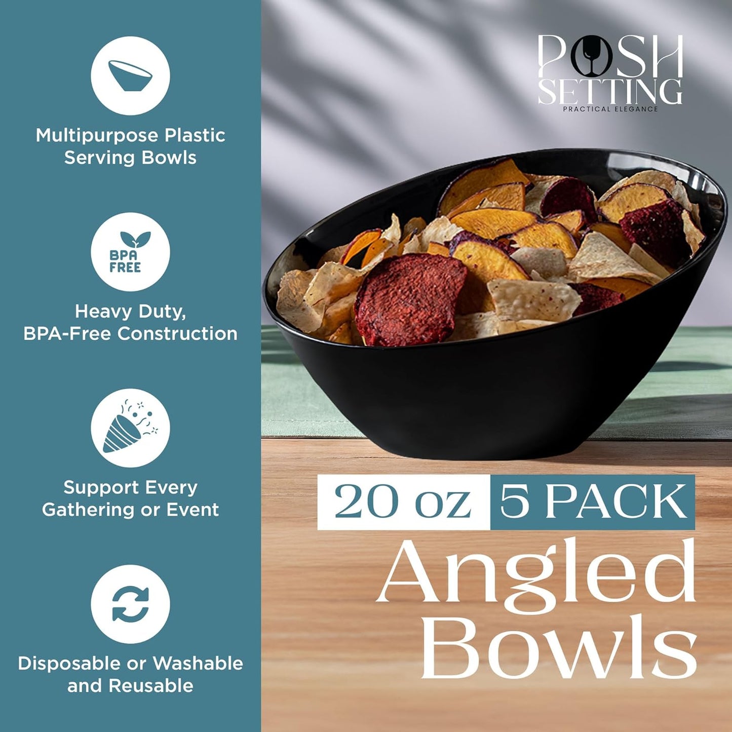 Posh Setting Crystal Clear, Disposable Premium Hard Plastic Medium Angled Bowl, Party, Salad, Snack and Fruit Bowl 5 Pack