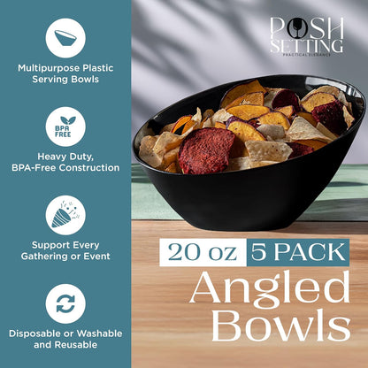 Posh Setting Crystal Clear, Disposable Premium Hard Plastic Medium Angled Bowl, Party, Salad, Snack and Fruit Bowl 5 Pack