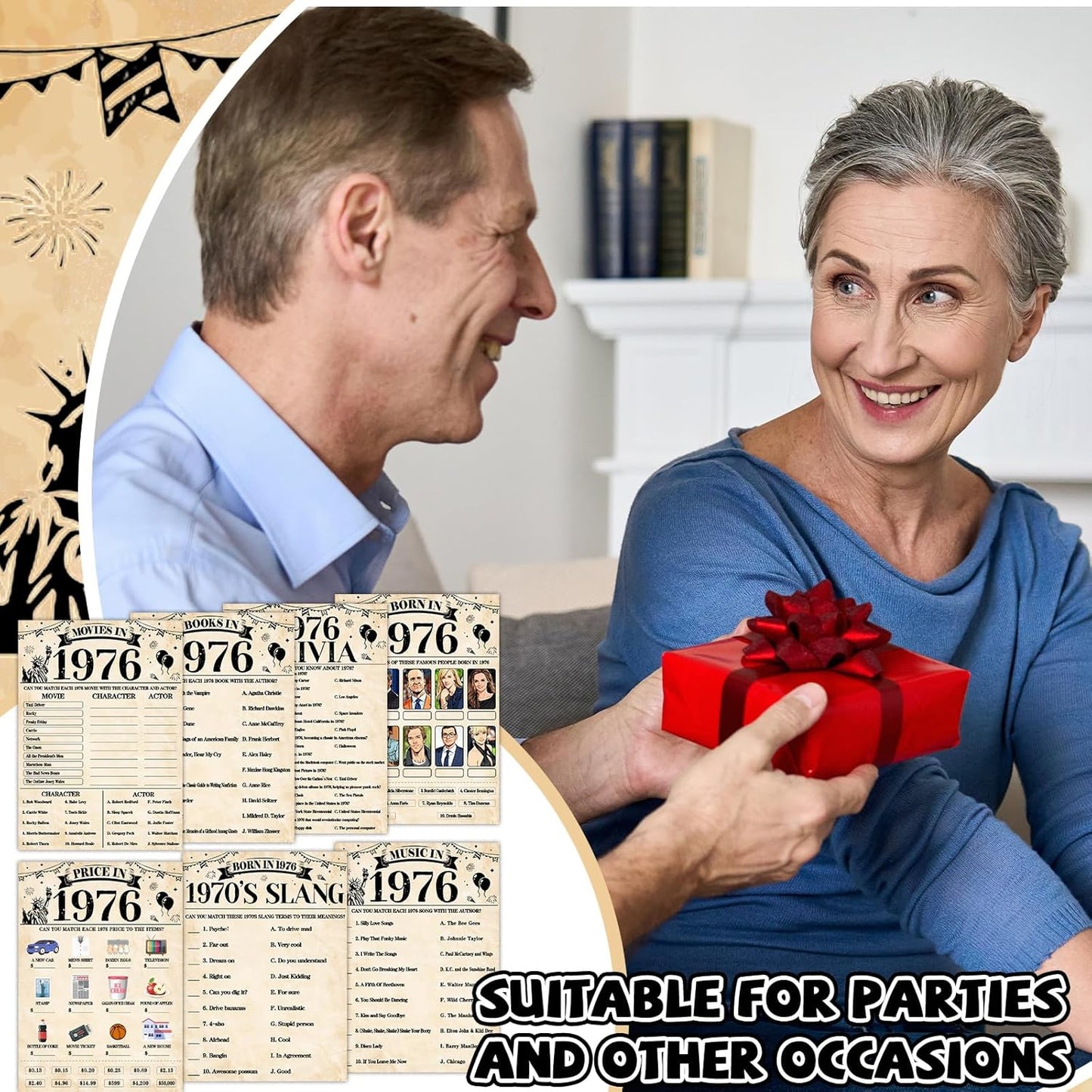70Pcs 70th Birthday Party Games Born In 1956 Fun 1956 Trivia Music Slang Books Game Double-Sided Game Cards Vintage 70th Birthday Party Supplies for 70 Year Old Activity Anniversary Class Reunion