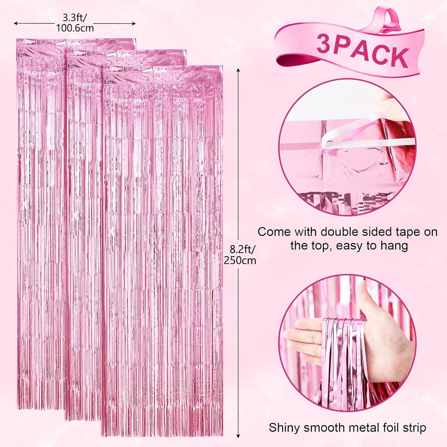 Voircoloria 3 Pack 3.3x8.2 Feet Gold Foil Fringe Backdrop Curtains, Tinsel Streamers, Fringe Backdrop for 2025 New Years Eve, Graduation, Birthday, Baby Shower, Gender Reveal, Disco Party - Colors A