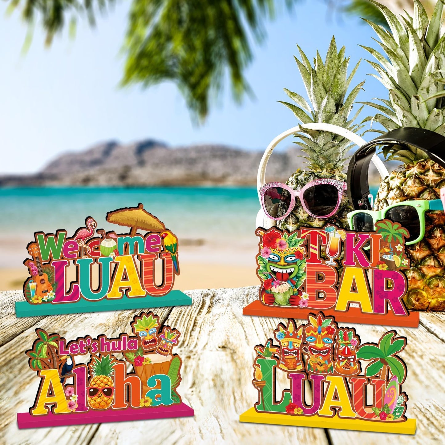 4 Pcs Luau Party Decorations Wooden Table Decorations Tiki Bar Aloha Table Centerpieces Tropical Luau Welcome Wood Signs Hawaiian Party Decorations for Summer Beach Party Decor