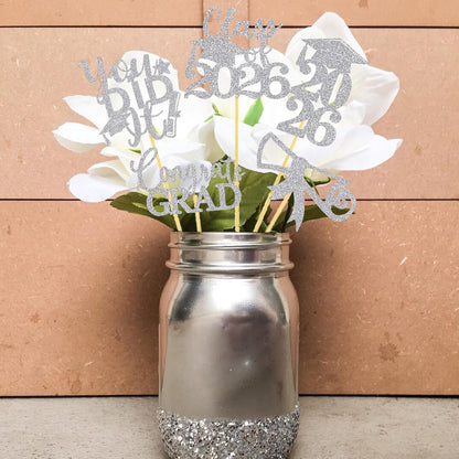 Graduation Centerpiece Sticks 24PCS Glitter Grad Picks Party Table Decor Senior High School College Sign Gold
