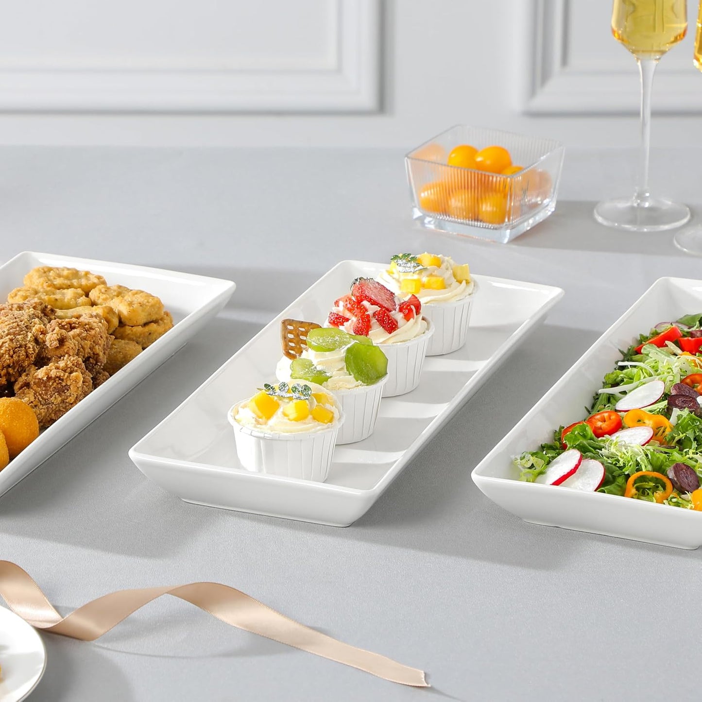 MALACASA 3 Tier Serving Trays for Party, Porcelain Serving Platters and Trays, 12 Inch Tiered Tray Stand, Fruit Tray, Trays for Serving Food, White Dessert Stand with Collapsible Sturdier Metal Rack