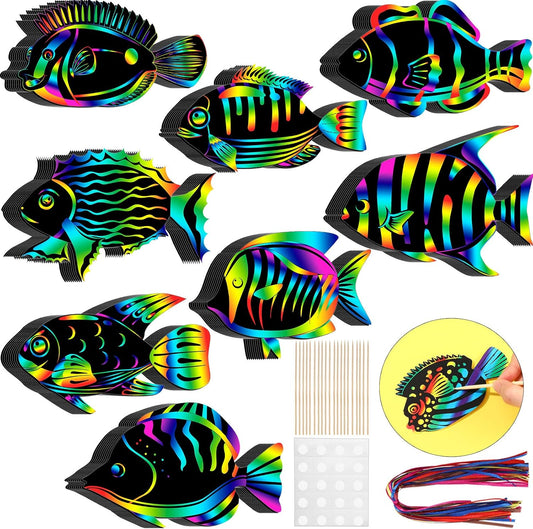 Motionchic 80 Pieces Tropical Fish Scratch Card for Kids Rainbow Ocean Fish Paper Crafts Sea Animal Ornament Under the Sea Party Favors with Wooden Stick and Ribbon for Summer Party DIY Supplies