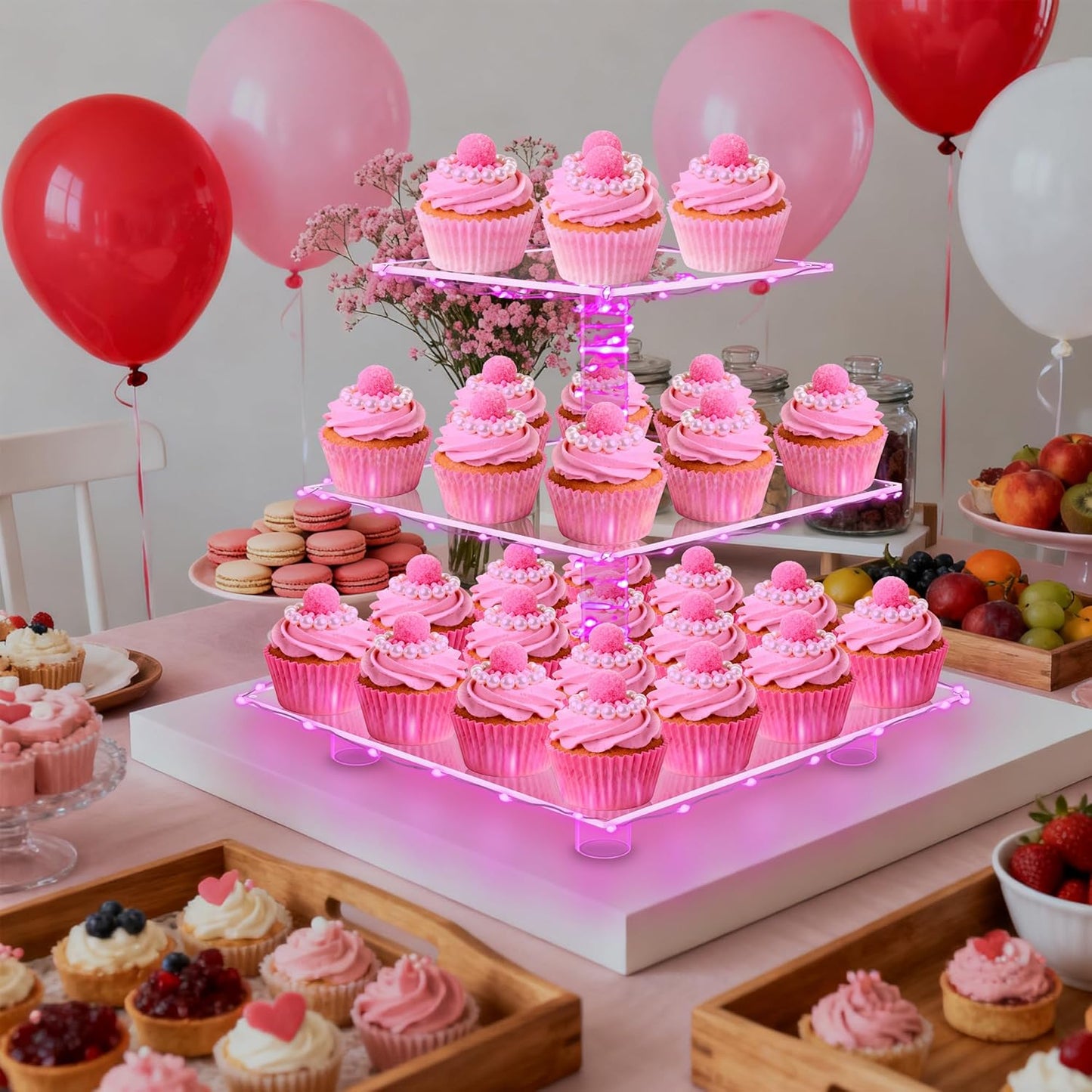 YestBuy Cupcake Stand with Yellow Led Lights, 4 Tier Cupcake Stand for 50 Cupcakes, Acrylic Cupcake Tower Stand, Clear Tiered Cupcake Holder for Birthday Cady Bar Décor Weddings, Parties Events