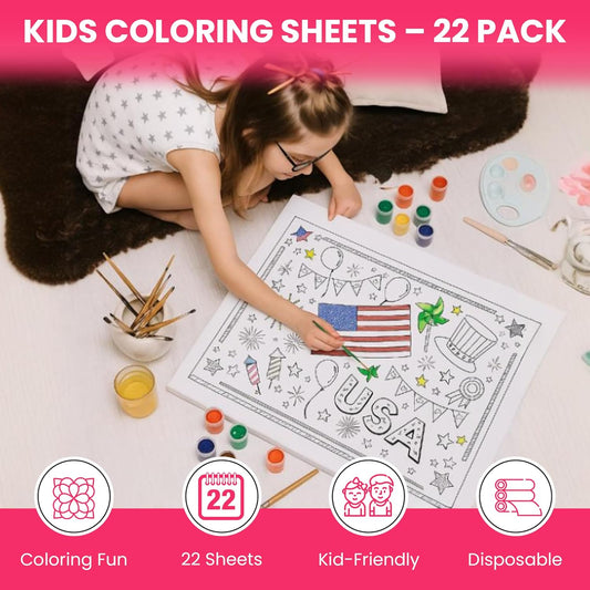 Iconikal Patriotic Coloring Placemats - 22 Double-Sided Disposable Paper Place Mats for Kids, 14x10 Inch 4th of July Party Supplies