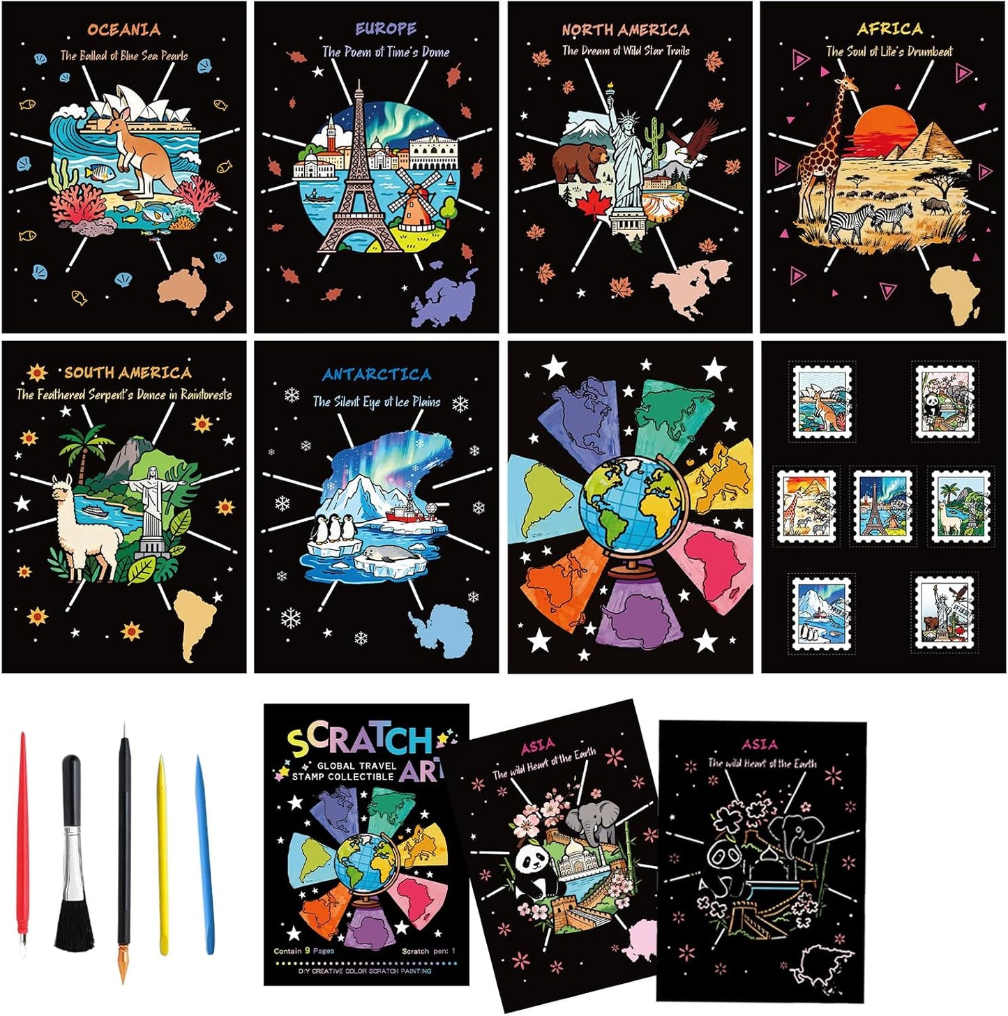 Scratch Art Bookmarks Kit, 24 Sheet Paper with Scratching Tools for DIY Party Favors, Christmas Stocking Stuffers