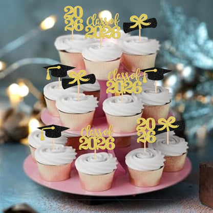 36 PCS 2026 Graduation Theme Cupcake Toppers Glitter Class of 2026 Grad Cap Diploma Cupcake Picks 2026 Graduation Theme Party Cake Decorations Supplies Deep Blue