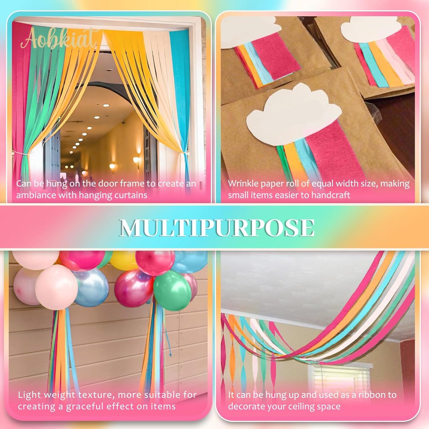 AOBKIAT Colorful Streamers Party Decorations,5 Rolls Vintage Rainbow Crepe Paper Streamers for Birthday,Candyland Theme Baby Shower,Fiesta,Wedding,Christmas,DIY Craft Crepe Paper,1.8 Inch x 82 Ft/Roll