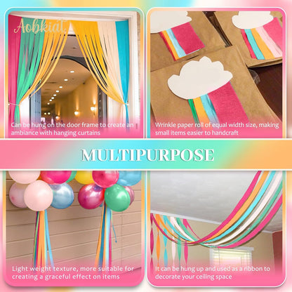 AOBKIAT Colorful Streamers Party Decorations,5 Rolls Vintage Rainbow Crepe Paper Streamers for Birthday,Candyland Theme Baby Shower,Fiesta,Wedding,Christmas,DIY Craft Crepe Paper,1.8 Inch x 82 Ft/Roll