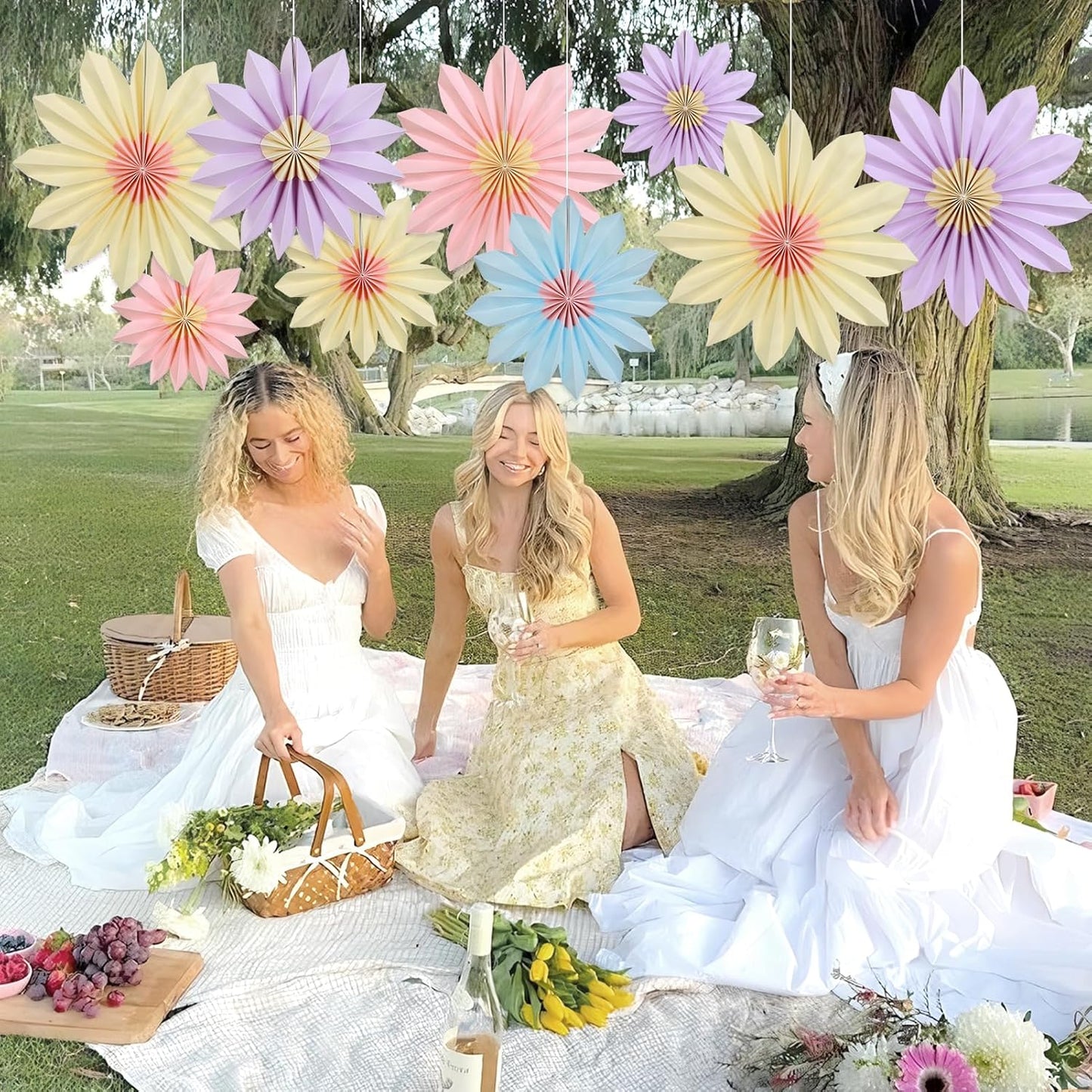 PAPER JAZZ Paper Flowers with Paper Fan Boho Hanging Decor Artificial Flowers Decorations for Wall Pink and Orange Party Decorations for Classroom, Beach Party, Summer Birthday Party Pack of 11.