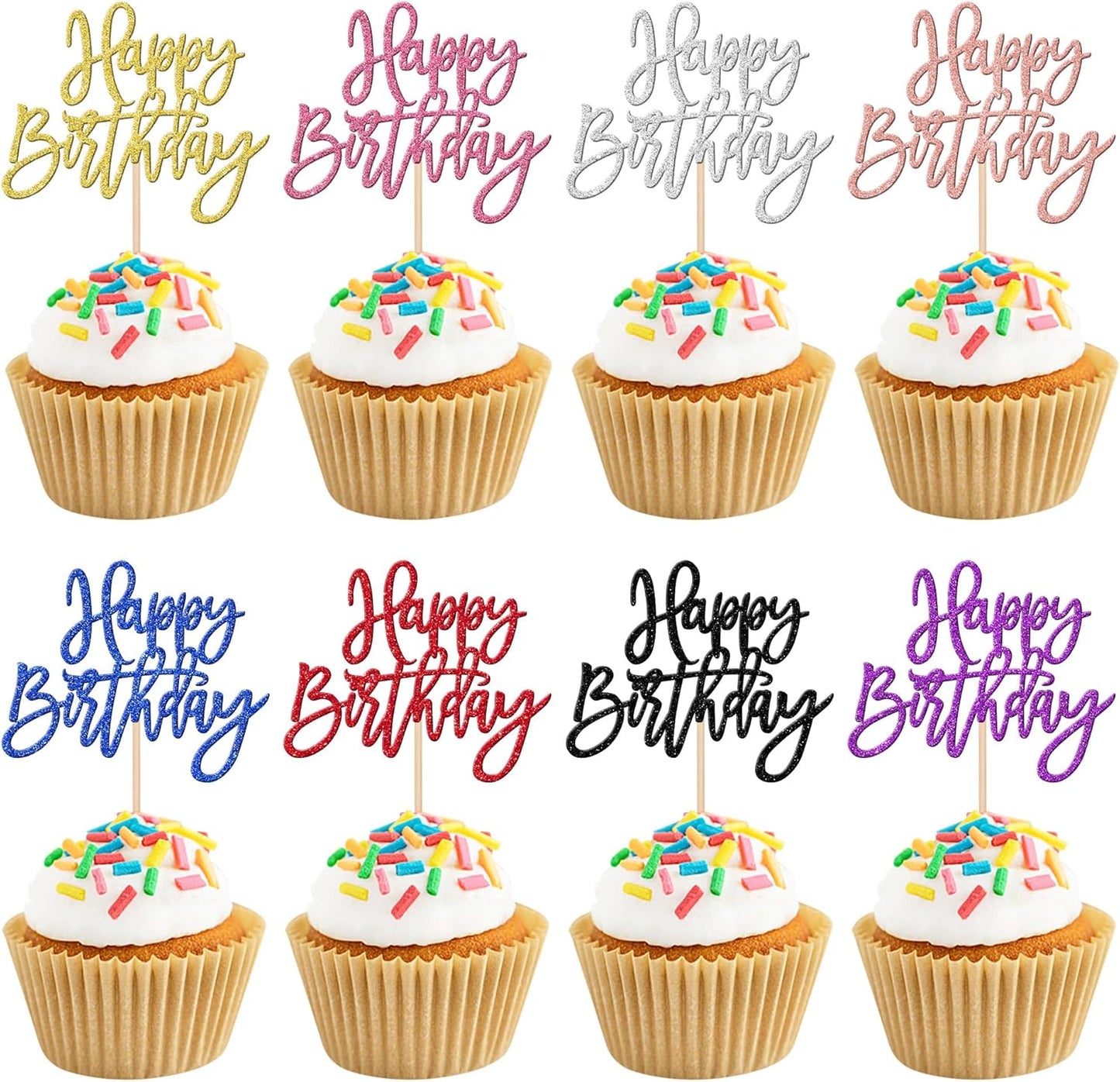 24 PCS Happy Birthday Cupcake Toppers Glitter Picks for Celebrating Anniversary Theme Party Cake Decorations Supplies Gold