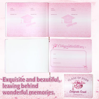 Patelai Pink Bow Graduation Guest Book Class of 2026 Party Decorations Leather Graduation Guest Signature Party Sign Gift with Pen, 112 Pages (Congrats Grad)