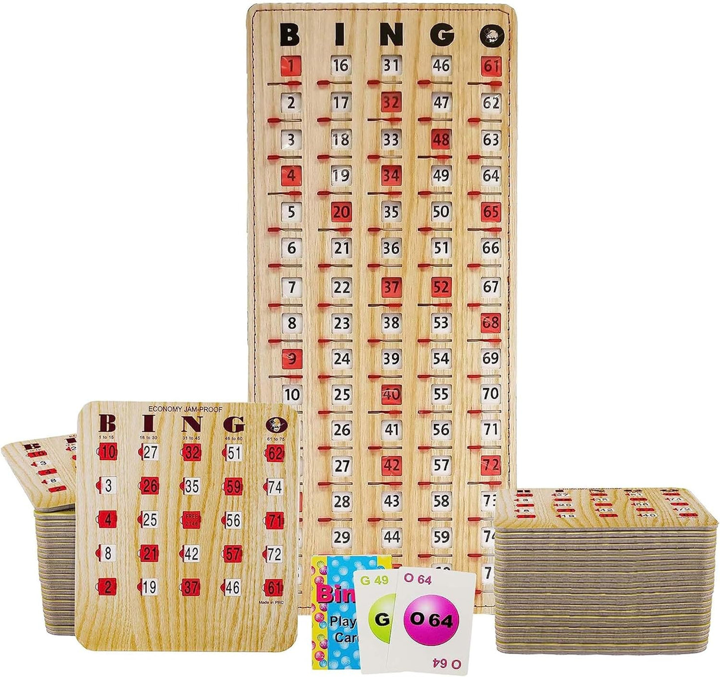 MR CHIPS Jam-Proof Bingo Cards with Sliding Windows, 25 Reusable Shutter Cards, 75 Calling Cards 1 Master Board in Tan Woodgrain Style