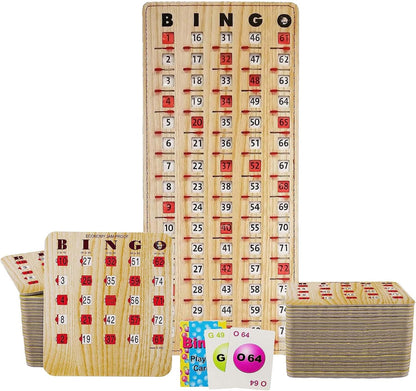 MR CHIPS Jam-Proof Bingo Cards with Sliding Windows, 25 Reusable Shutter Cards, 75 Calling Cards 1 Master Board in Tan Woodgrain Style