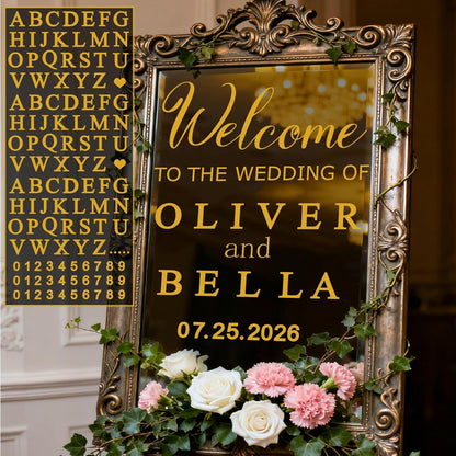 Custom Name Welcome to Our Wedding Signs Personalized Wedding Mirror Decals Selfie Mirror Decal for Wedding Entry Reception Display Golden Date Marriage DIY Vinyl Lettering Welcome Party Decoration