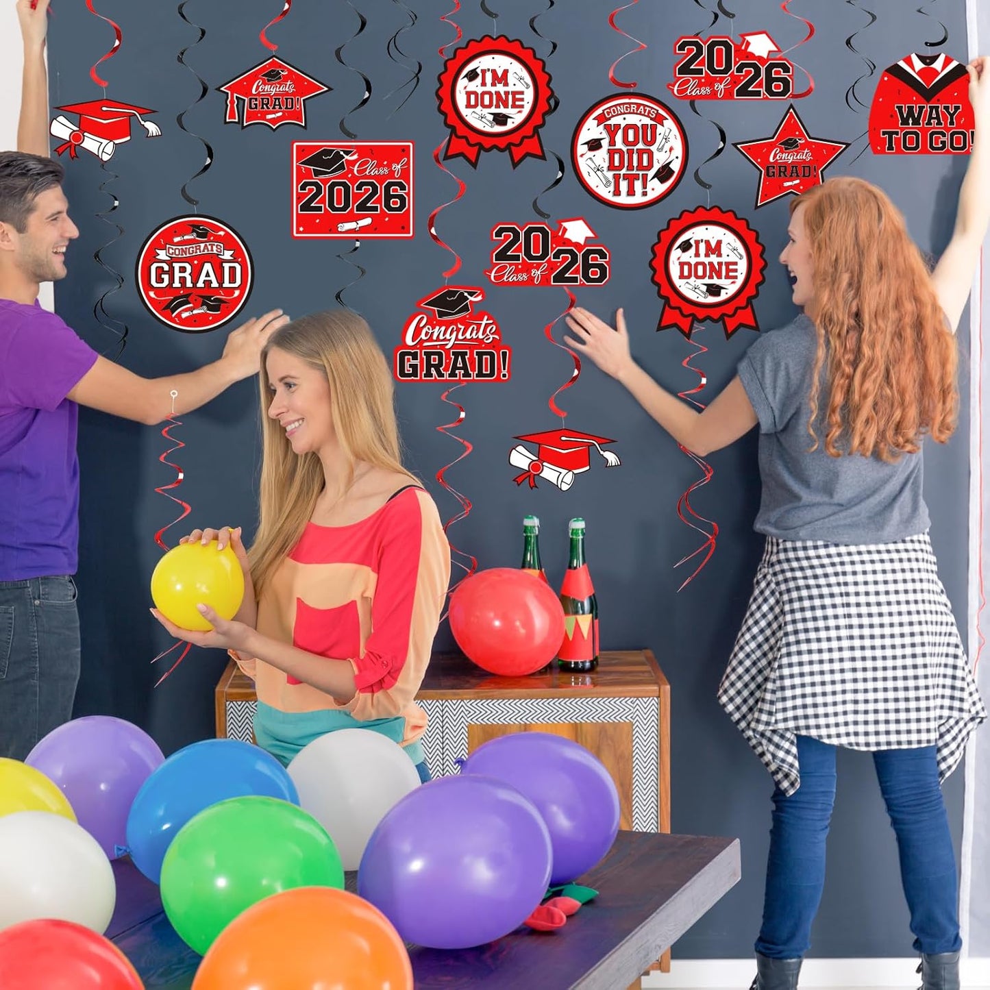 31 Pieces Graduation Decorations Class of 2026, Graduation Hanging Swirl Congrats Grad and Graduation Party Decorations(red, Black)
