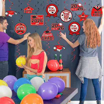 31 Pieces Graduation Decorations Class of 2026, Graduation Hanging Swirl Congrats Grad and Graduation Party Decorations(red, Black)