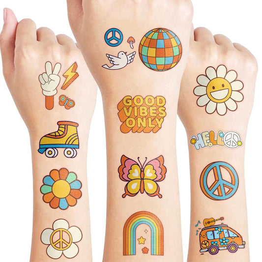 60PCS Groovy Temporary Tattoos for Kids | Pre-Cut Cute Retro Hippie Fake Tattoos, Birthday Party Favors, Classroom Rewards, Party Supplies for Boys & Girls