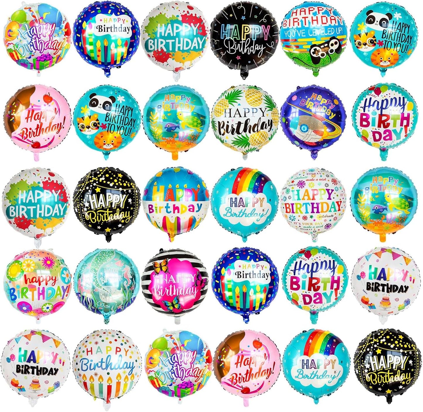 100 Pcs Happy Birthday Foil Balloons, 18IN Round Birthday Mylar Balloons for Party Decoration Supplies (20 Style)
