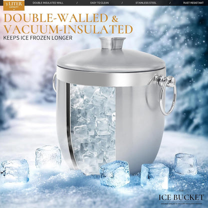 Ice Buckets for Parties with Lid,Tongs and Strainer (3L/Silver) Double Wall Stainless Steel Ice Bucket Keeps Frozen Longer,Ideal Perfect for Parties, Cocktail bar, Chilling Wine, Champagne