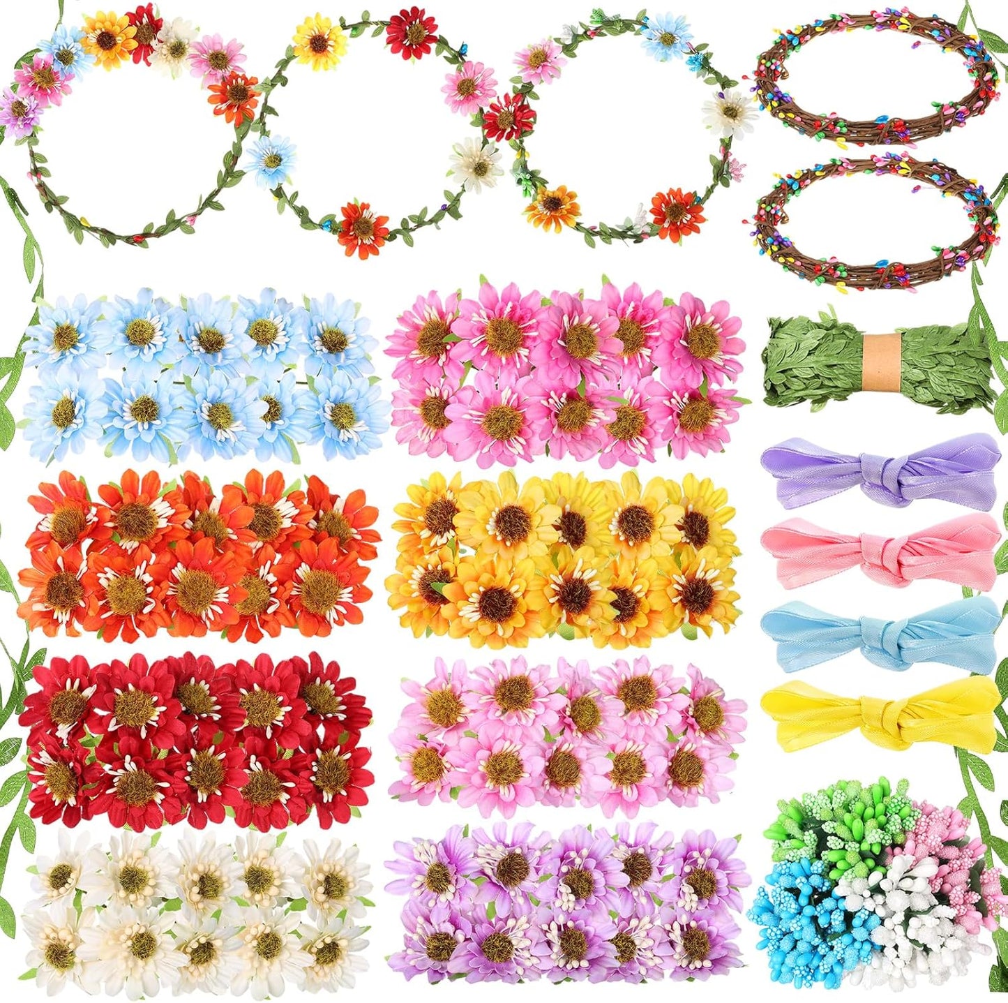 Zeyune 20 Sets Spring Tea Party Favor Flower Crowns Making Kit, Make Your Own Flower Crown Wreath Garland Headbands Craft Kit Handmade DIY Fairy Floral Hair Accessories Gift for Women(Daisy)