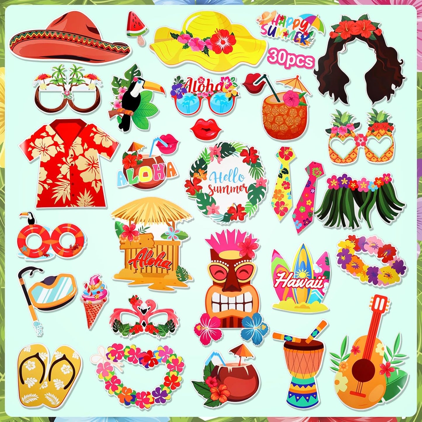 HOWAF 30 PCS Hawaiian Luau Photo Booth Props Kit, Inflatable Luau Selfie Frame and Hawaiian Tropical Funny Photo Props for Summer Tropical Beach Pool Birthday Party Decoration Supplies Tiki Party