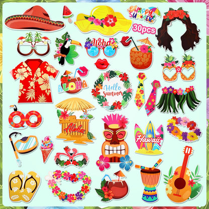 HOWAF 30 PCS Hawaiian Luau Photo Booth Props Kit, Inflatable Luau Selfie Frame and Hawaiian Tropical Funny Photo Props for Summer Tropical Beach Pool Birthday Party Decoration Supplies Tiki Party